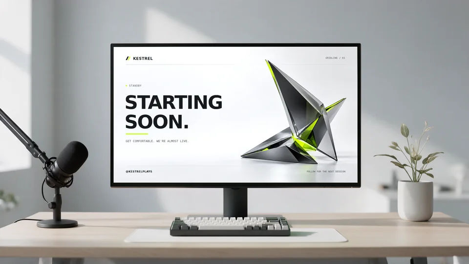 Gridline Starting Soon scene on a monitor in an illustrated desk setup