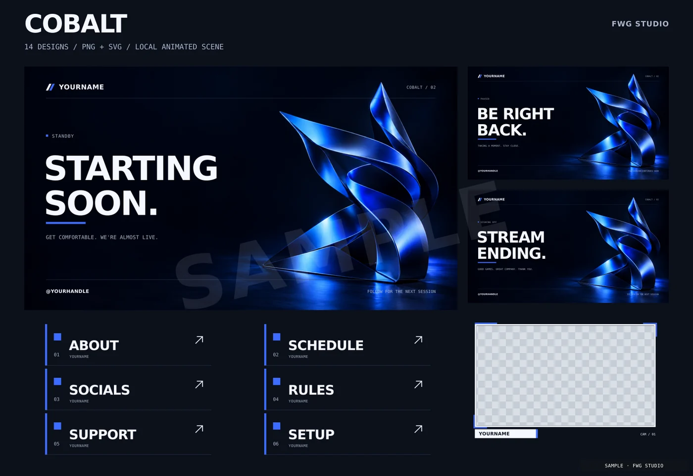 Cobalt pack overview: scenes, panels and webcam frame