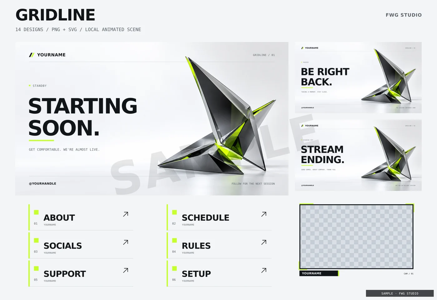 Gridline pack overview: scenes, panels and webcam frame
